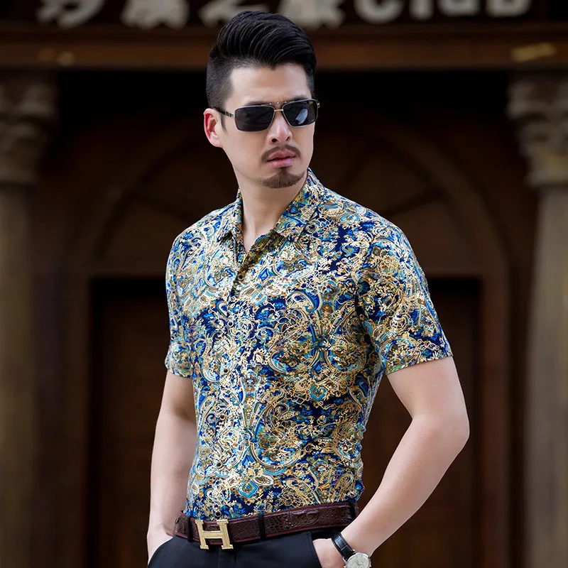 Новая брендовая бархатная Мужская рубашка золотого цвета с коротким рукавом и цветочным принтом, мужские нарядные рубашки Chemise Homme Marque Fancy Flower Camisa Hombre