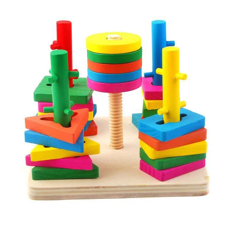 

Geometrical Shape Toy Block Matching Five Column Building Block Children Wooden Early Educational Toys For Children