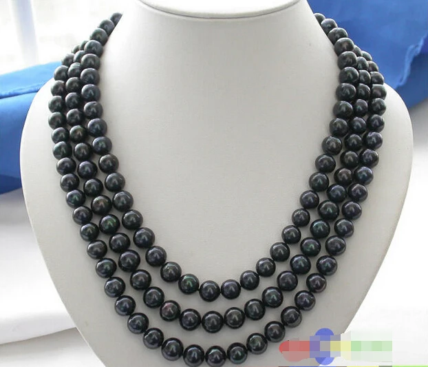

3row 11mm black ROUND FRESHWATER CULTURED PEARL NECKLACE LAPIS p2014 ^^^@^Noble style Natural Fine jewe SHIPPING (C0309)