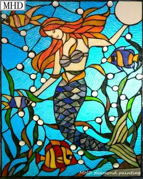

Mermaid Stained Glass Pattern 5d Diy Diamond Painting Cartoon Mosaic Home Decorating Round Round / Square Embroidery Art Kit