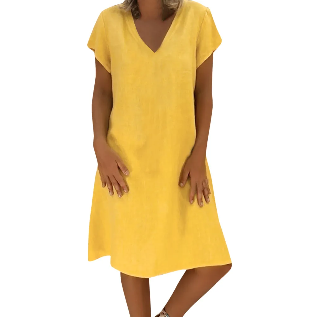 Jaycosin женское свободное платье размера плюс, однотонное летнее Повседневное платье с v-образным вырезом и коротким рукавом, Дамское разноцветное платье Vestidos De Festa