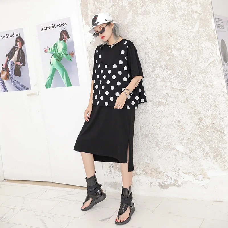 

Women Summer 2 PCS Dress Sets Female Streetwear Hip Hop Punk Gothic Short Sleeve Loose Casual Long Dress Dot Print Vest Coat