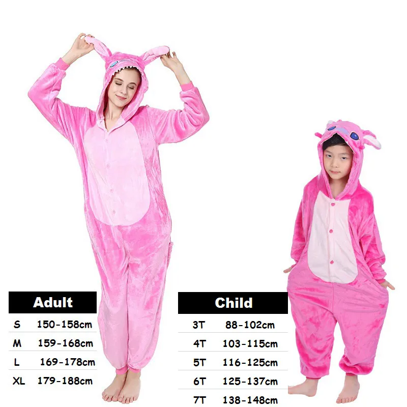 Пижамы для детей и взрослых с мультяшным оленем, костюмы кигуруми, аниме, единорог, фланелевые пижамы с капюшоном, комбинезон для женщин - Цвет: pink stitch