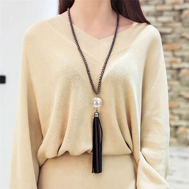 

New Fashion Big Imitation Pearl Charm Pendant Leather Tassels Long Sweater Chain Necklace Woman Jewelry Accessories