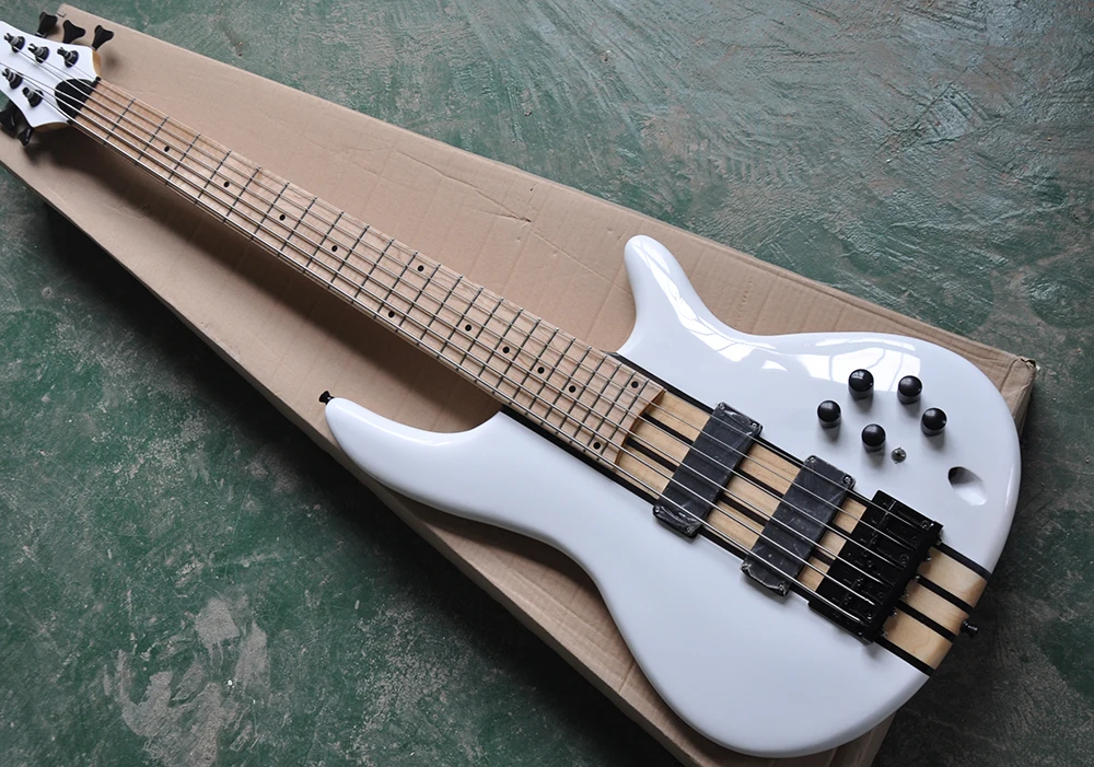 

Factory Custom 6 Strings White Electric Bass Guitar with Neck-through Body,Maple Fingerboard,Black Hardware,Offer Customized