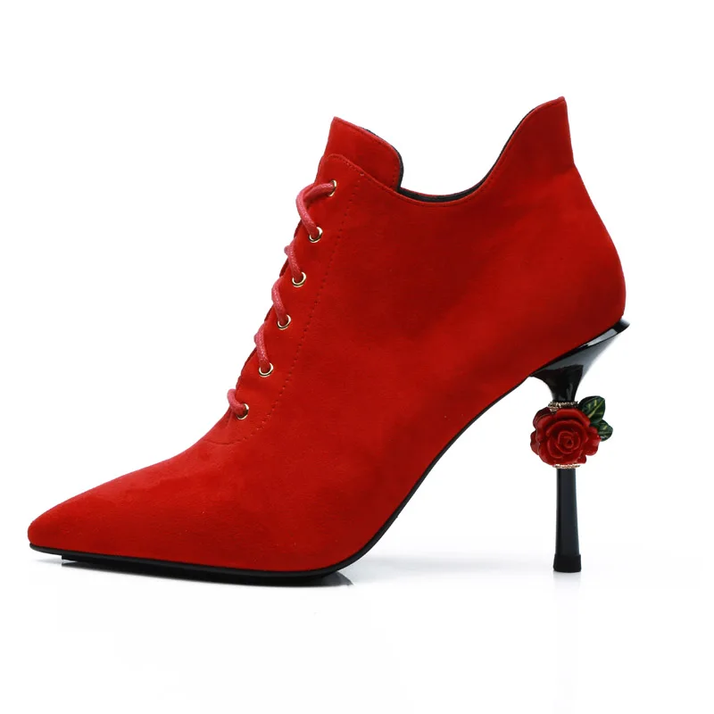 2018 Newest Luxury Rose Heel Bootie Red Lace Up High Heel Pumps Women Suede Party Autumn Shoes Women's Shoes