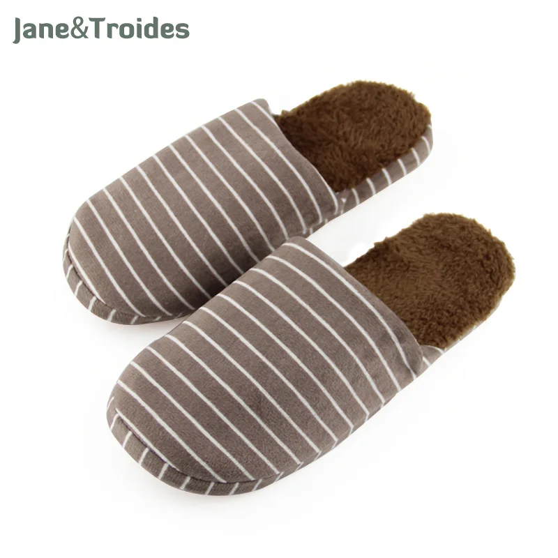 

Jane&Troides Winter Fluffy Home Slippers For Men Striped Bow Plush Anti Slip Floor Flip Flops Warm Indoor Fashion Man Shoes