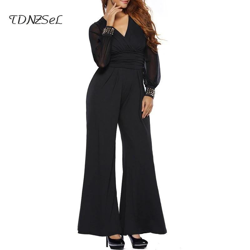 Overalls Women Mesh Black High Waist V Bodysuit Long Rompers Deep Rivet Loose Solid Patchwork Casual blue Wide Jumpsuits Sleeve Summer burgundy Leg fUx5qdwU