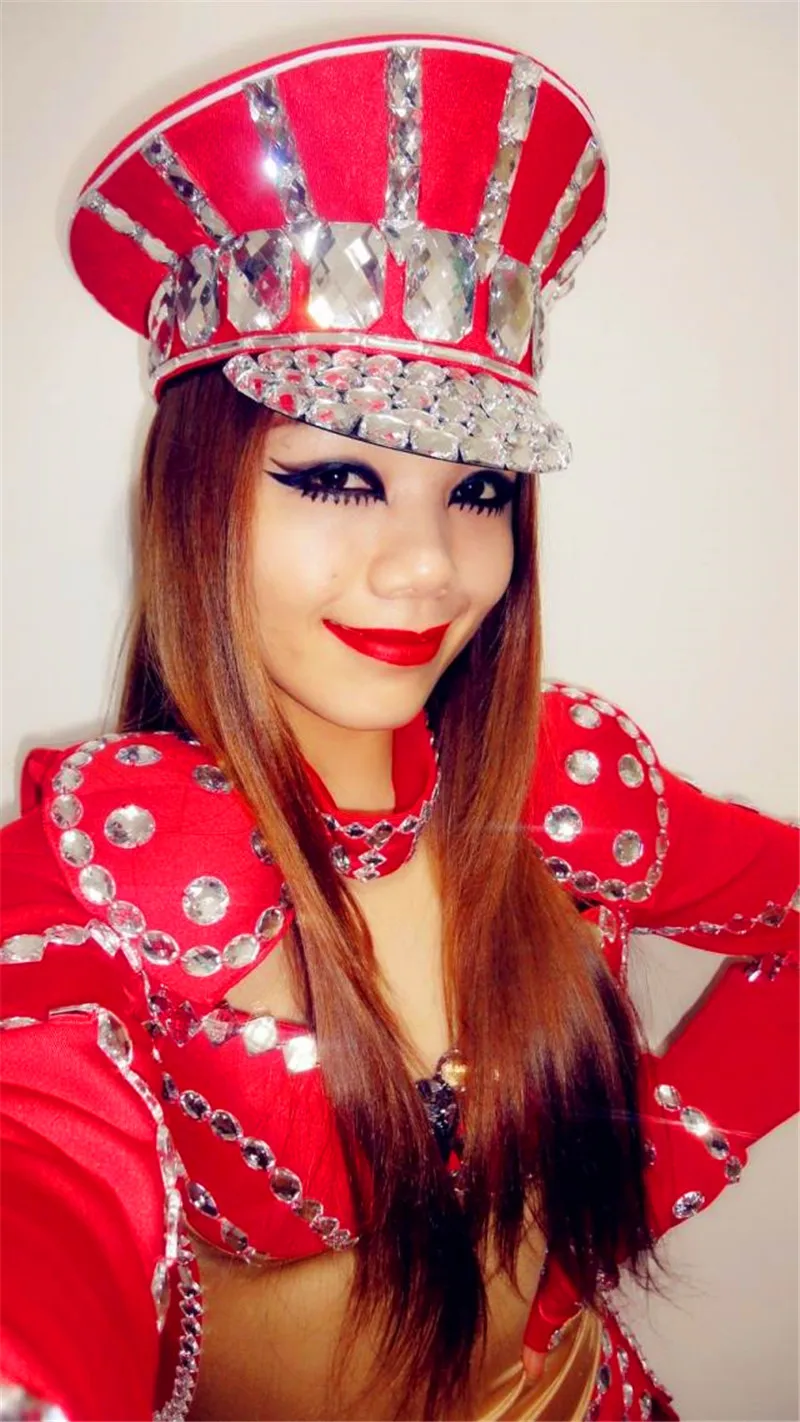 Ds costume bling baby hats sparkling diamond police cap rhinestone red military hat