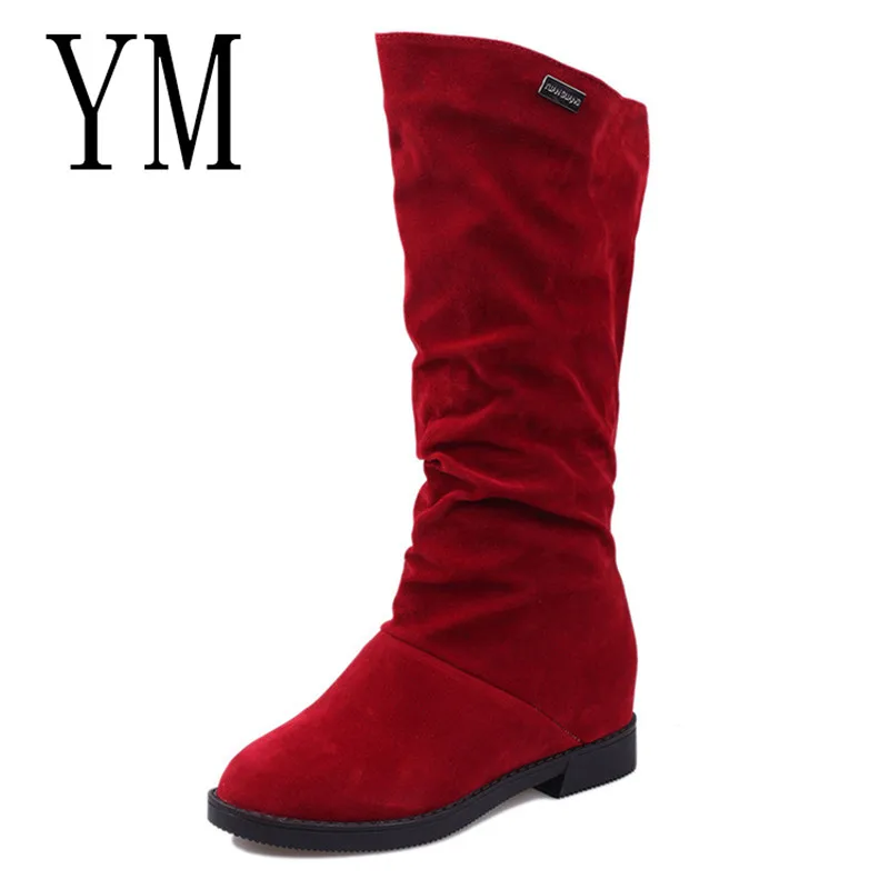 Tanie Buty damskie wiosna jesień buty matowe stado dla kobiet panie wysokość zwiększone buty na niskim obcasie Lady Mid długość do łydki buty plue 40