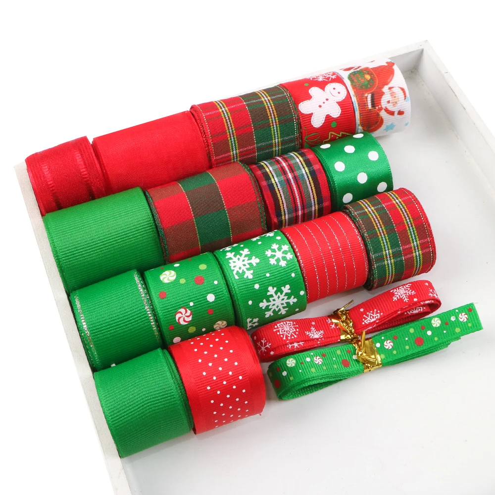 

New 18rolls/Set Multiple Sizes Christmas Printed Grosgrain Satin Ribbon Fabric DIY Wrapping/Hair Bow Decor 1yard/Roll,1Yc6702