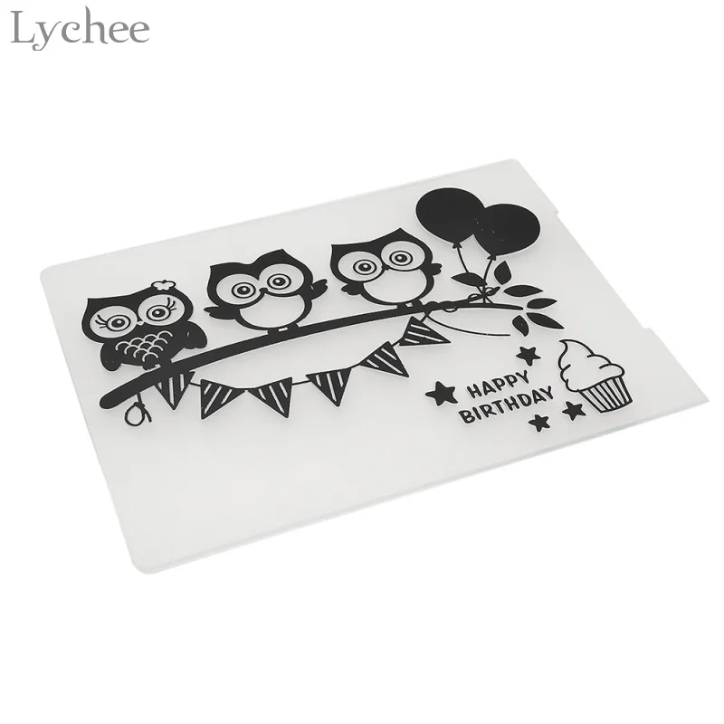 

Lychee Plastic Embossing Folder For Scrapbook DIY Album Card Tool Plastic Template Stamp Cute Owl Happy Birthday