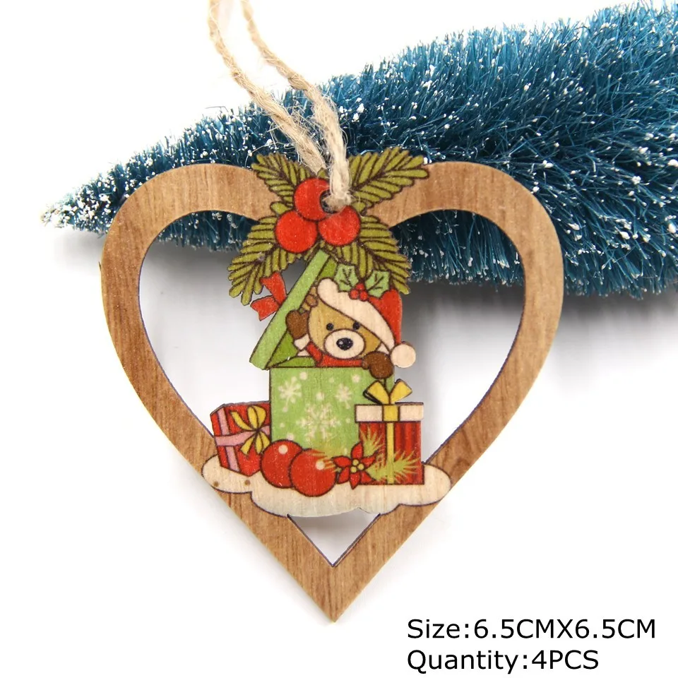 4PCS Star Printed Wooden Pendants Ornaments Xmas Tree Ornament DIY Wood Crafts Kids Gift for Home Christmas Party Decorations - Цвет: 4PCS Heart Bear