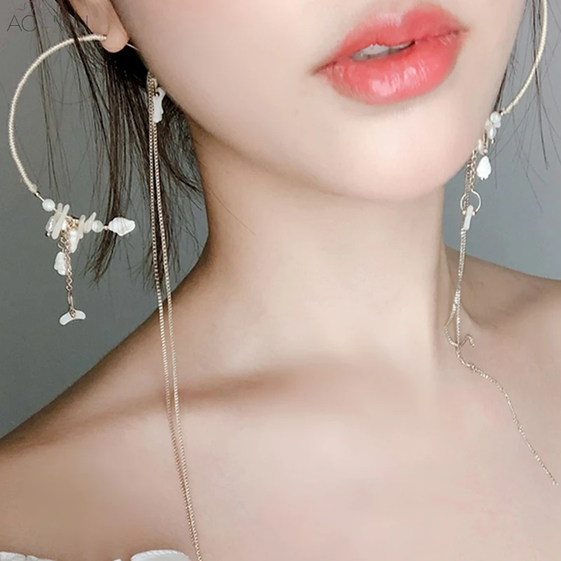

AOMU Korea 2018 New Handmade Coral Shell Big Round Circle Drop Earring Dangle Long Tassel Large Earrings Pendientes Summer Style