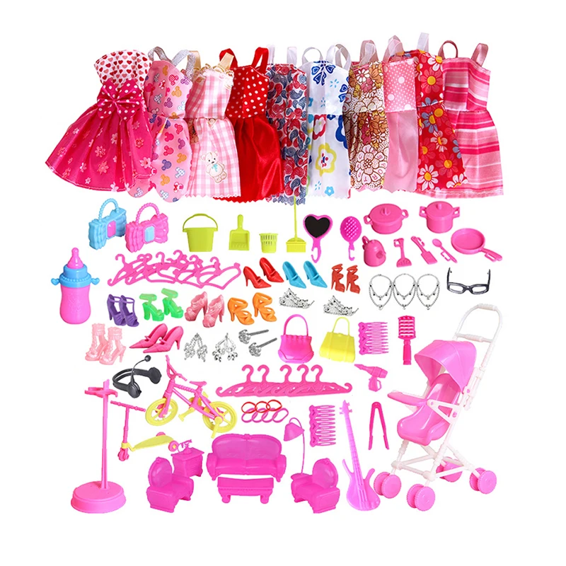 

Dolls Accessories Set Handmade Skirts Fashion Necklace Shoes Bicycles Dress Up Toys For Dolls Mini Furniture Stroller Toys