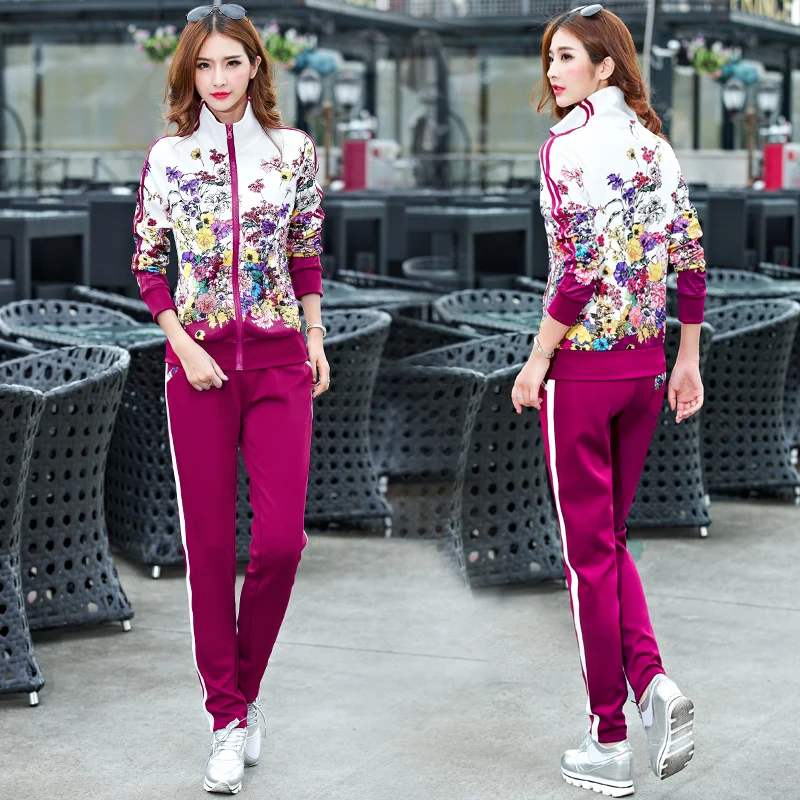 Plus Size L-5XL Tracksuit Two Piece Outfits Women Long Sleeve Top and Long Pants Autumn Fashion Floral Print Women Set Sportwear