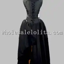 Черный Рукавов Платье Готический Черный Шелк-как и Белый Цветочный Принт Рукавов Викторианской Платье