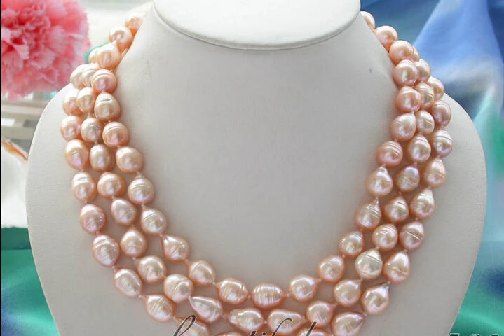 

fast Z4330 NATURAL 3row 15mm pink drip freshwater cultured pearl necklace AAA