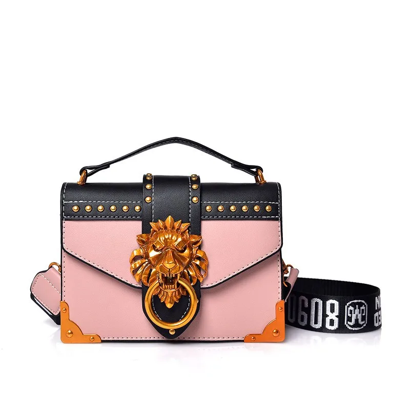 Широкий плечевой ремень Женская сумка стиль модная металлическая Львиная головка украшение маленькая квадратная сумка модная металлическая Львиная головка Мини - Цвет: Розовый