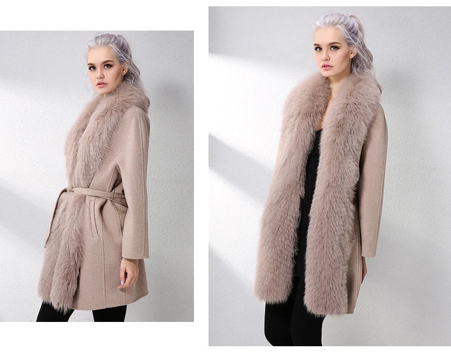 JELUDA Hot Sale Cashmere Coat Women Scarf Collar With Natural Real Fox Fur Real Fur Coat Genuine Leather Jacket Women Overcoat