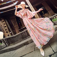Chiffon Dress Woman Summer 2019 New Floral Printed Small V-Neck Bow Flare Sleeves Slim Big Swing Korean Version Long Dress S-XXL Chiffon Dress Woman Summer 2019 New Floral Printed Small V-Neck Bow Flare Sleeves Slim Big Swing Korean Version Long Dress S-XXL