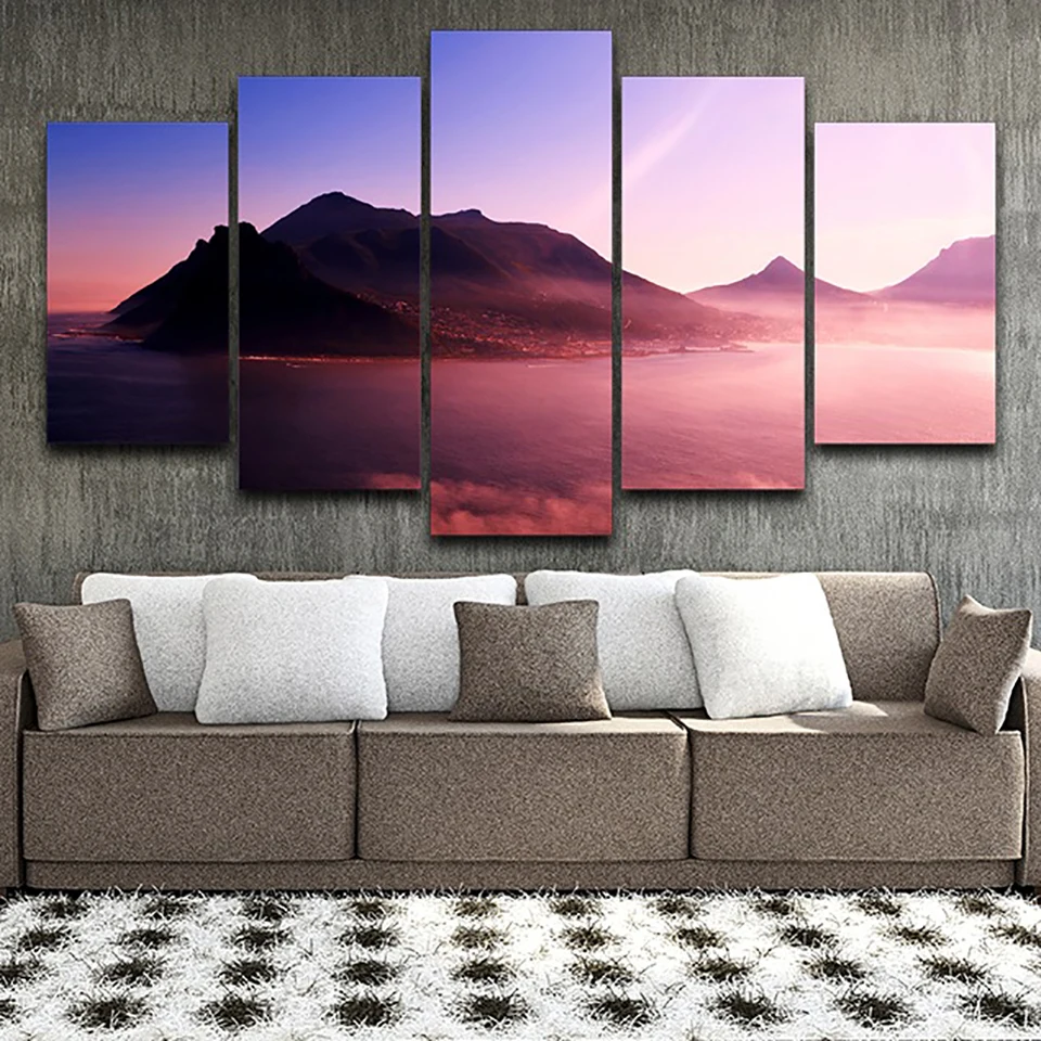 Wall Art Home Decor Poster Frame Pictures HD Printed 5 Panel Sea Mountains Dusk Scenery Modern Painting On Canvas Living Room