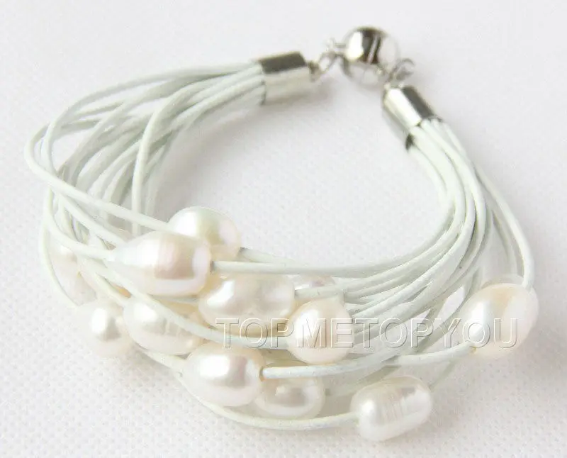 

Free shipping hot sale Women Bridal Wedding Jewelry >> 15Strands Natural white pearls white leather bracelet magnet e2372