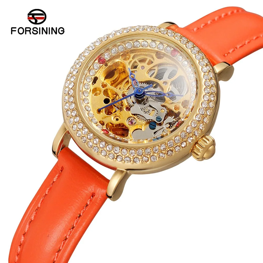 Small Charm Women Rhinestone Watches Skeleton Mechanical Clocks Ladies
