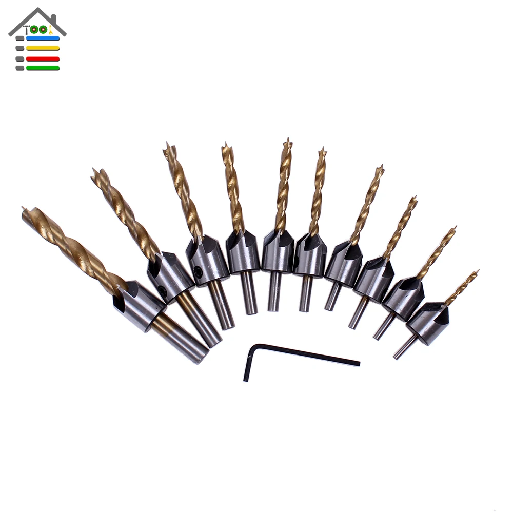 

10pc 5 Flutes 3-10mm Titanium Countersink Drill Bits Boring Industrial Carpentry Reamer Wood Door Window Core Drilling Hole Saw