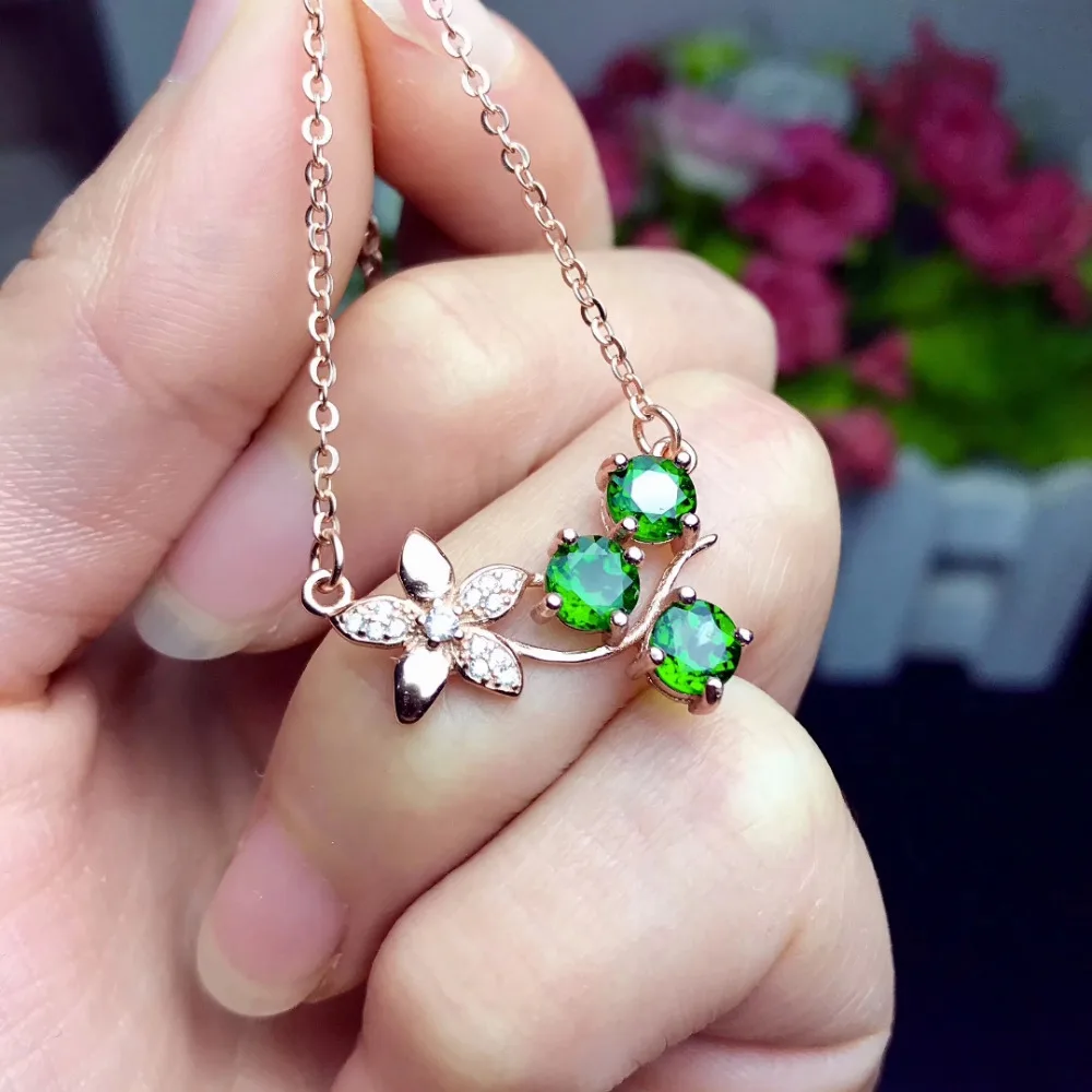 

natural green diopside gem necklace natural gemstone Elegant flowers pendant necklace S925 silver women party gift fine jewelery