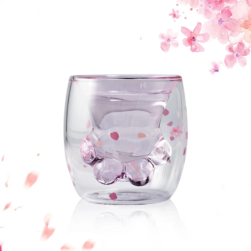 

Cute Cat Claw Glass Mug Cartoon Coffee Milk Mugs Cup Double Layer GlassTransparent Pink Sakura Milk Mug Water Tea Juice Cup Gift