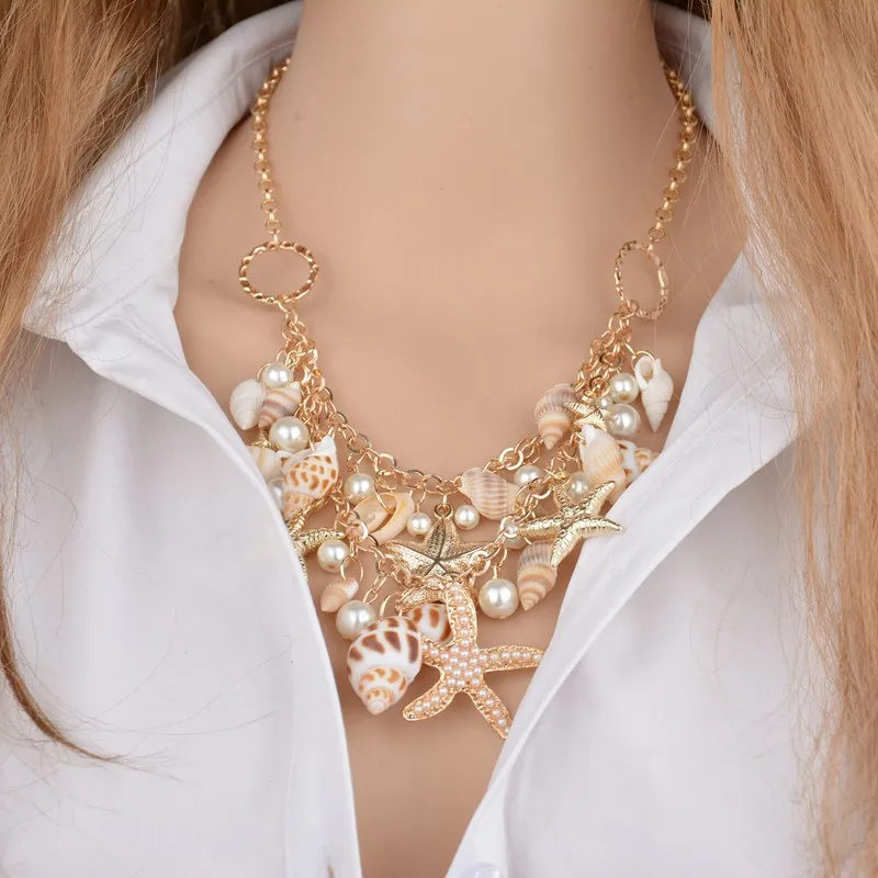 

Summer Gold Color Multi Starfish Statement Necklace Simulated Pearl Choker Sea Conch Shell Necklaces & Pendants For Women Gift