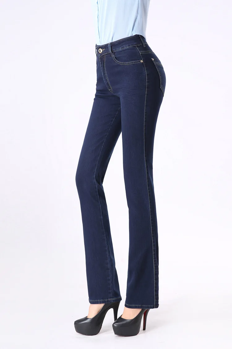 Elastic Straight Mom Jeans Woman for 4 Season High Waist Jeans Plus Size Long Denim Pants Dark Blue Slim Women Long Trousers