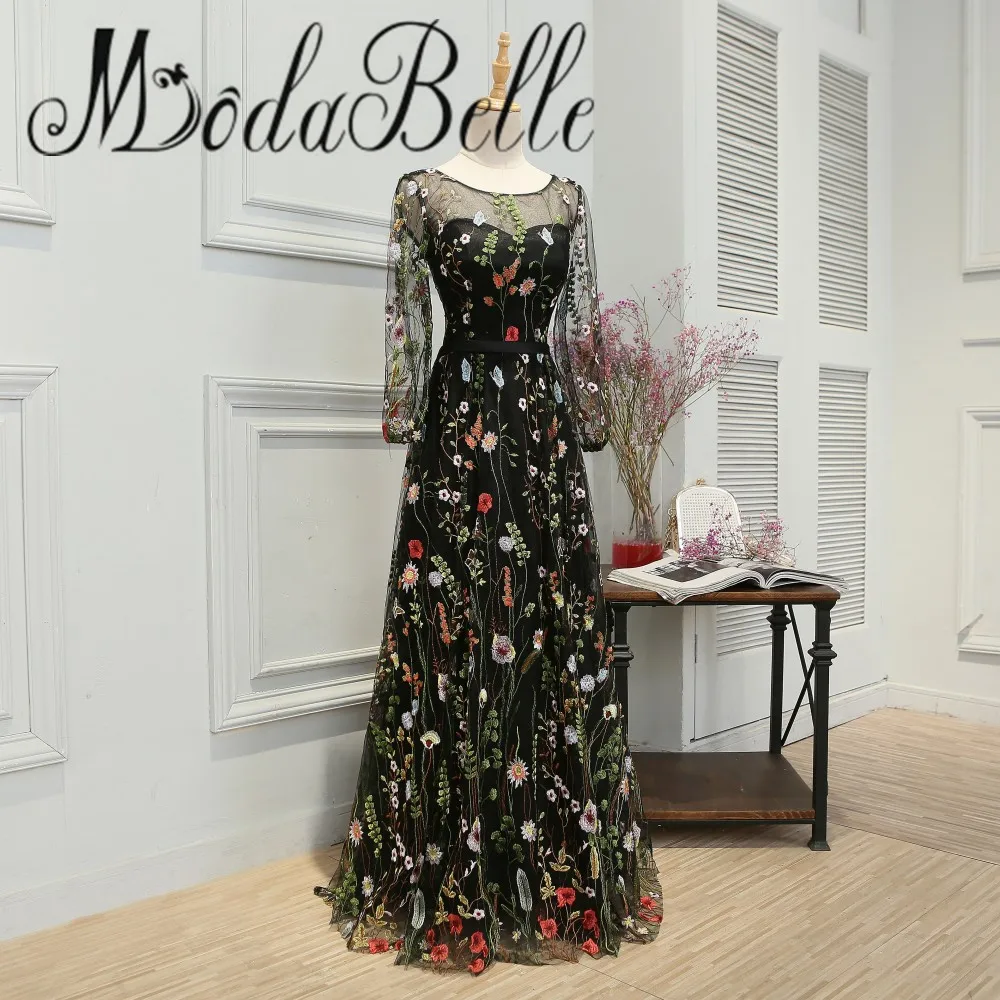 black flower prom dress