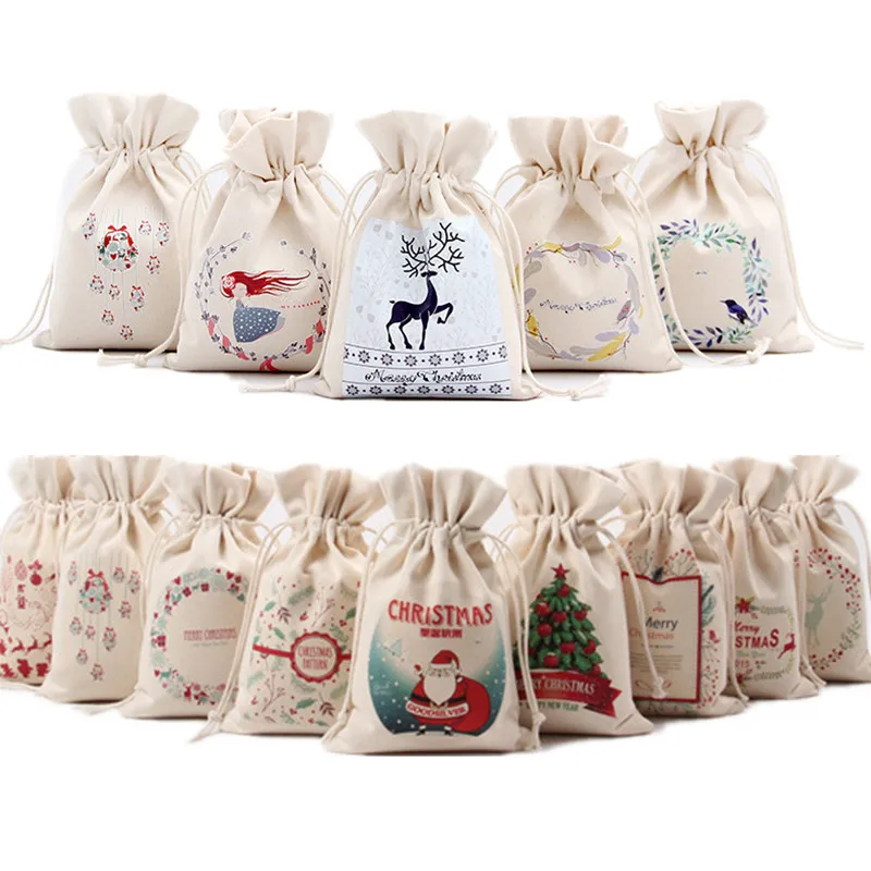 

2019 New Year Christmas Candy Bag Santa Claus Drawstring Canvas Sack Tableware Rustic Vintage Stockings Gift Bag