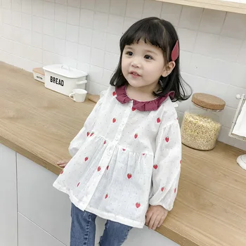 

Girls Spring Clothing Kids Printed Strawberry Puff Sleeves Shirt Autumn Children Girl Loose PrincessDoll Shirt