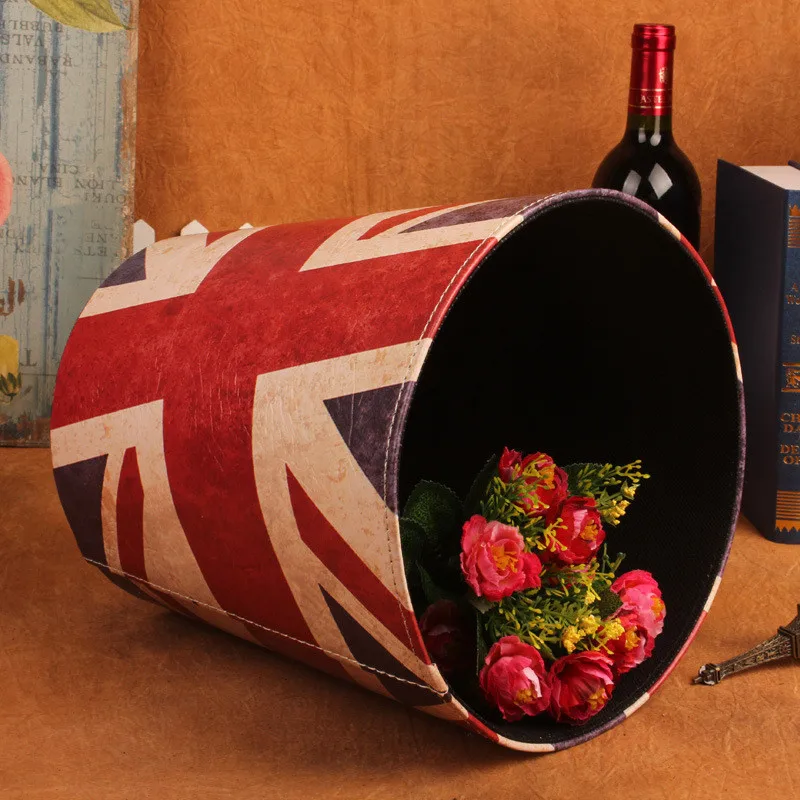 Ретро Кожаный мусорный бак Европейский стиль флаг корзина многофункциональная кухня гостиная украшение круглые мусорные контейнеры чистые принадлежности