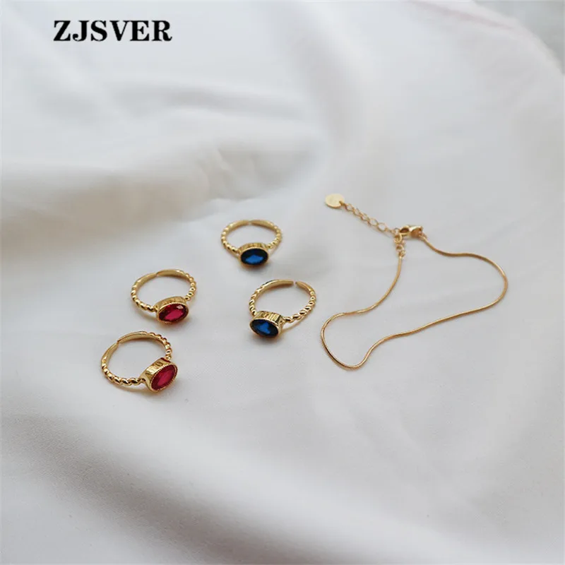 

ZJSVER Korean Jewelry 925 Sterling Silver Ring Gold Color Simple Red/Blue Crystal Rings For Lovers Valentine's Day Present