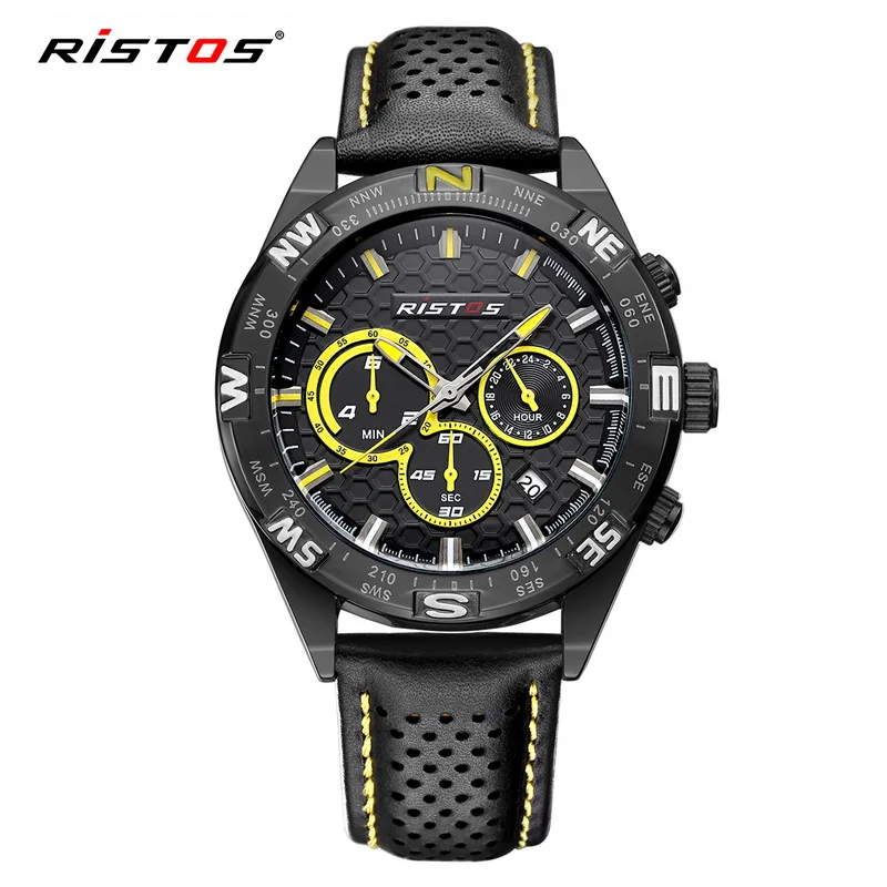 RISTOS, мужские спортивные часы с хронографом, кварцевые повседневные наручные часы из натуральной кожи, мужские часы 93002 - Цвет: Black Yellow Yellow