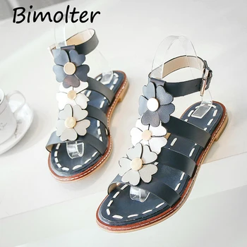 

Bimolter Original Flowers Women Sandals Design Flats Heel Shoes Genuine Leather Sandals Open Toe Sandalias zapatos mujer FC045