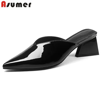 

ASUMER Plus size 35-41 New genuine leather shoes women sandals 5cm square high heel summer women mules fashion ladies dress shoe
