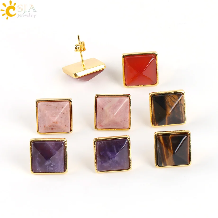 CSJA, квадратные женские серьги-гвоздики золотистого цвета, для ногтей, натуральный драгоценный камень, опал, белый кристалл, красный, черный, хип-хоп, свадебные украшения E595