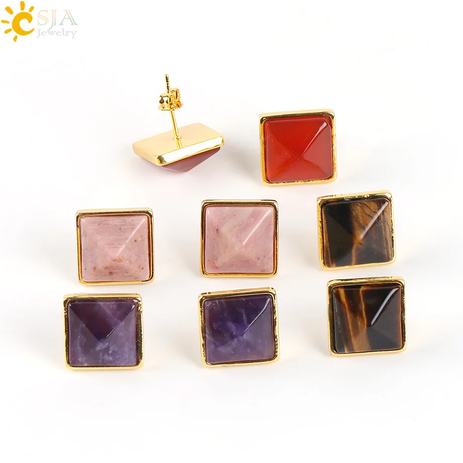 

CSJA Square Gold Color Women Stud Earrings Ear Nails Natural Gem Stone Opal White Crystal Red Black Hiphop Wedding Jewelry E595