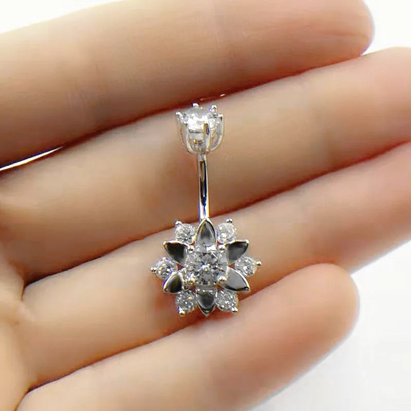

925 Sterling Silver Belly Button Ring 14g CZ Flower Navel Rings Belly button Piercing Body jewelry 1pcs
