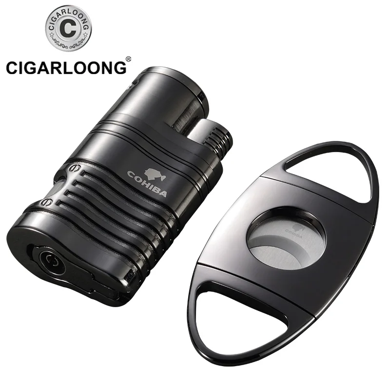 

COHIBA Windproof 4 Flame Cigar Lighter with Built-in Cigar Punch Stainless Steel 2 Blades Cigars Cutter Gift Set TZ-61