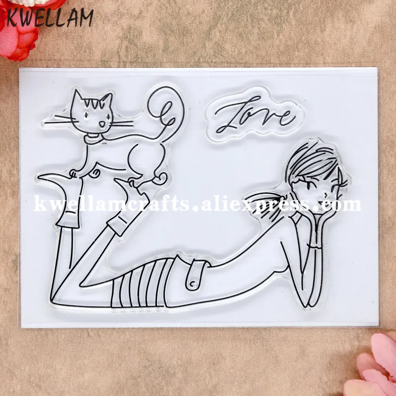Девочка и кот любовь Scrapbook DIY фото карты резиновые чистый штамп для скрапбукинга