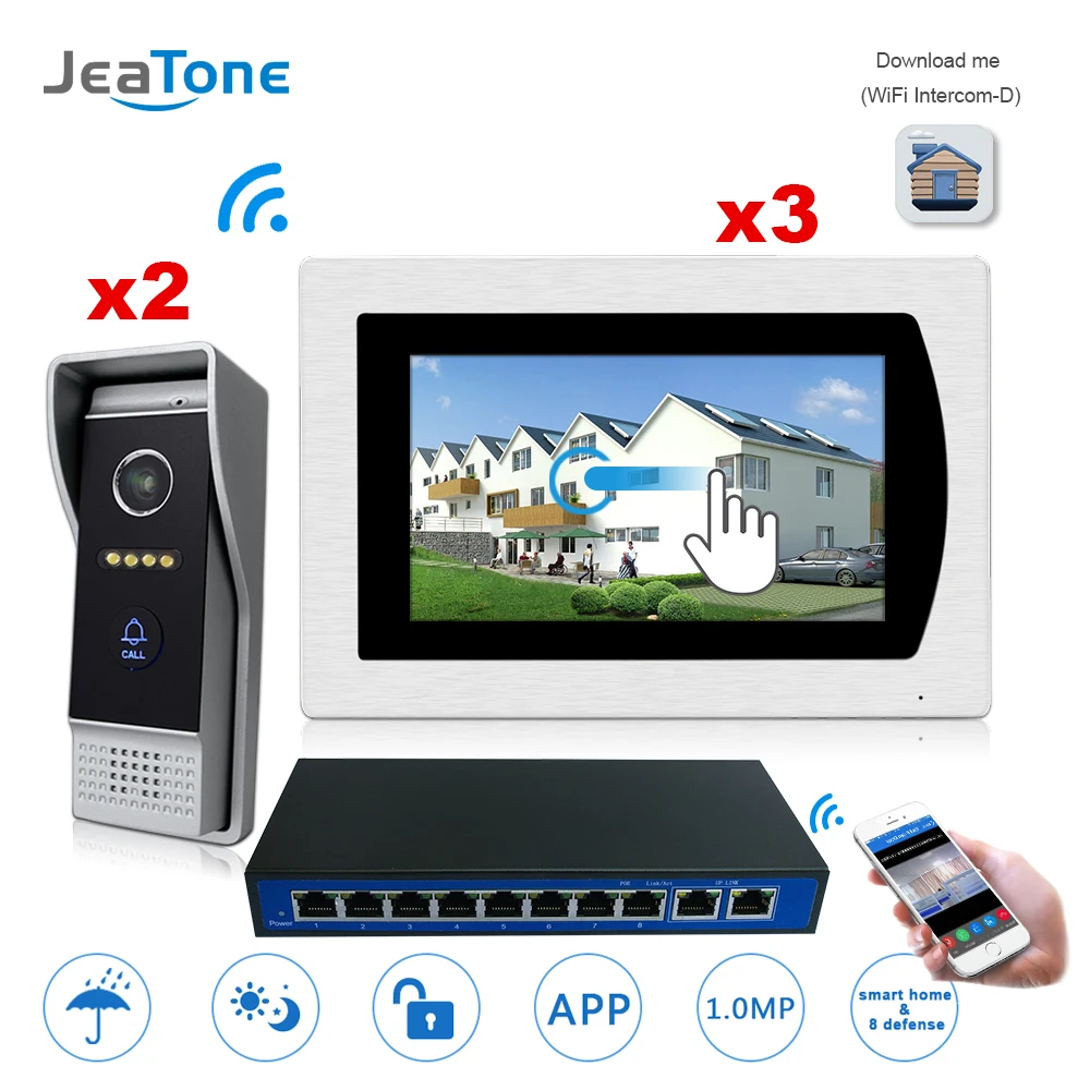 7'' WIFI IP Video Door Phone Intercom Door Bell Speaker Access Control System Touch Screen Motion Detection Door Camera 2 to 3