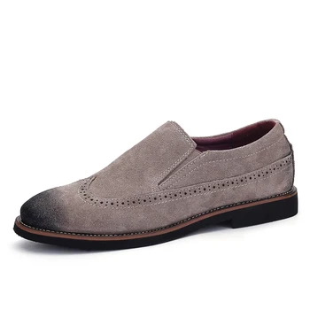 

New High Quality Suede Leather Brogue Carved Men Oxfords Shoes Popular Low Top Slip On Pointed Toe Leisure Leather Shoes