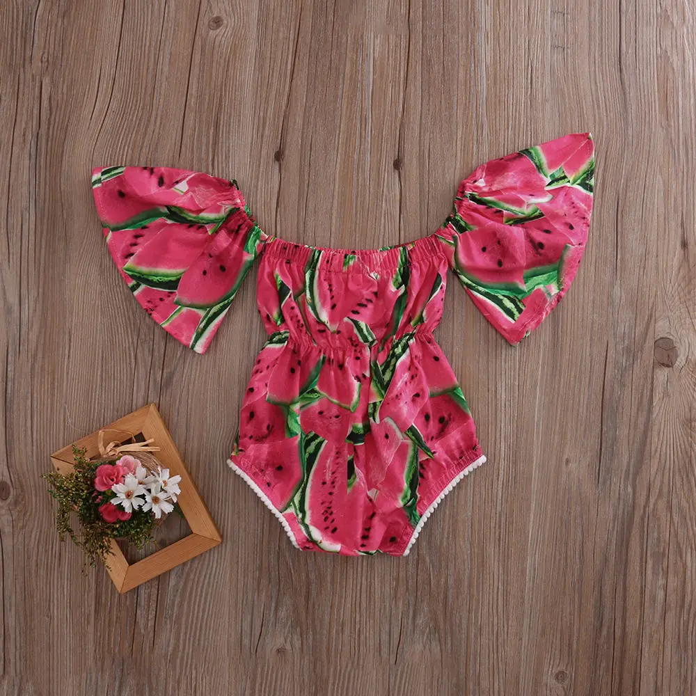 Red Watermelon Romper baby clothing Summer Toddler Baby Girl Floral Ruffle Off Shoulder Outfits Set 0-24M | Детская одежда и обувь