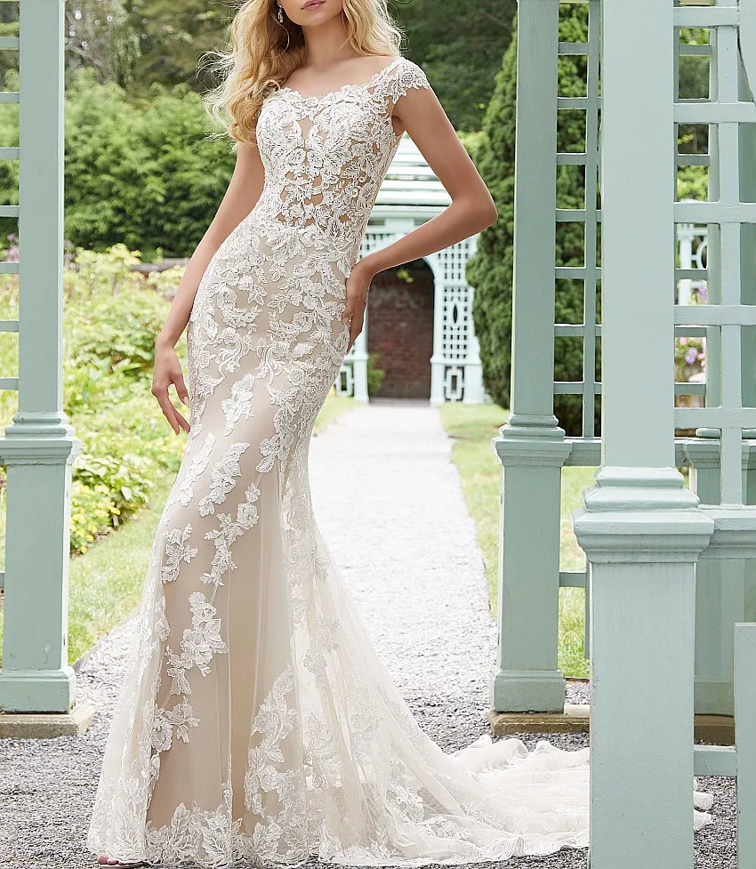 

See Through Bodice with Lace Appliques Sexy Mermaid Wedding Dress Ivory Champagne Bridal Dresses 2019
